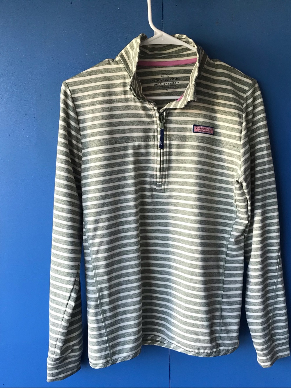 Vineyard Vines Shep Shirt Women’s large Green white Striped 1/4 Zip Sweatshirt